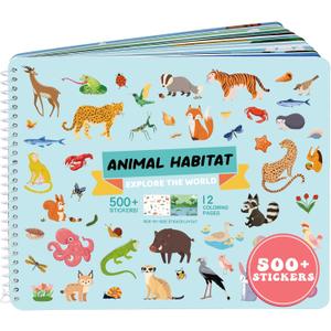 Animals Habitat 500+ Kids Sticker Book, 12" x 9.25"Toddler Airplane Travel Activity Coloring and Sticker Book, Road Trip Essentials, 12 Coloring Pages + 12 Scenes, Sticker Books for Toddlers Ages 28 Years