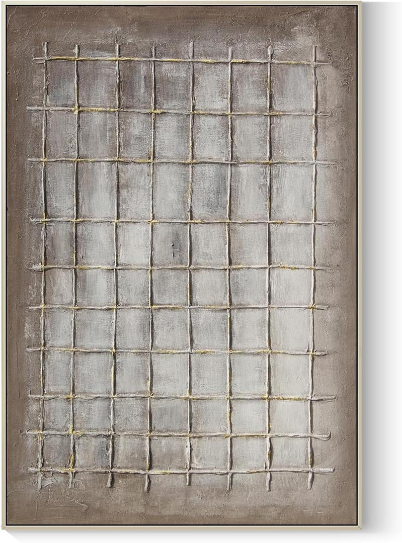 GeekMacro Abstract Textured Wall Art Hand Painted Brown Canvas Checked Oil Painting 46x31 Contemporary Minimalist Framed Large Artwork Vertical Wall Decor