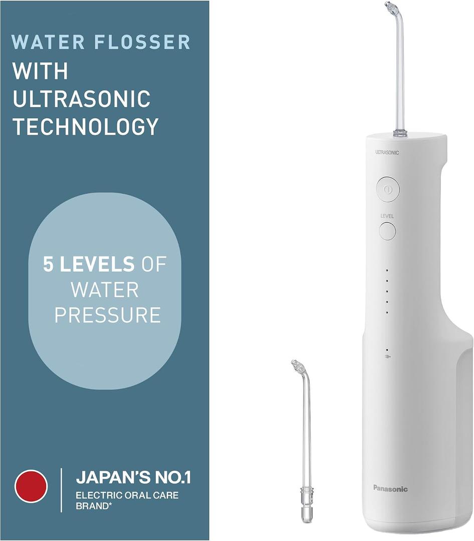 Panasonic Oral Irrigator, Cordless Water Flosser with Ultrasonic Cleaning, Dishwasher Safe Tank, EW-DJ66-W