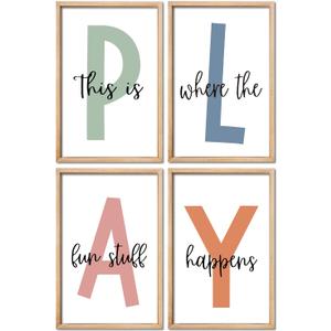4 x This Is Where Fun Stuff Happens Kids Playroom Wall Decor PLAY Quote Art | Motivational Prints for Nursery, Natural Wood Frame, Set of 4, 16x24 Inches , Let's Play Sign for Toddler Boys, Ready to Hang