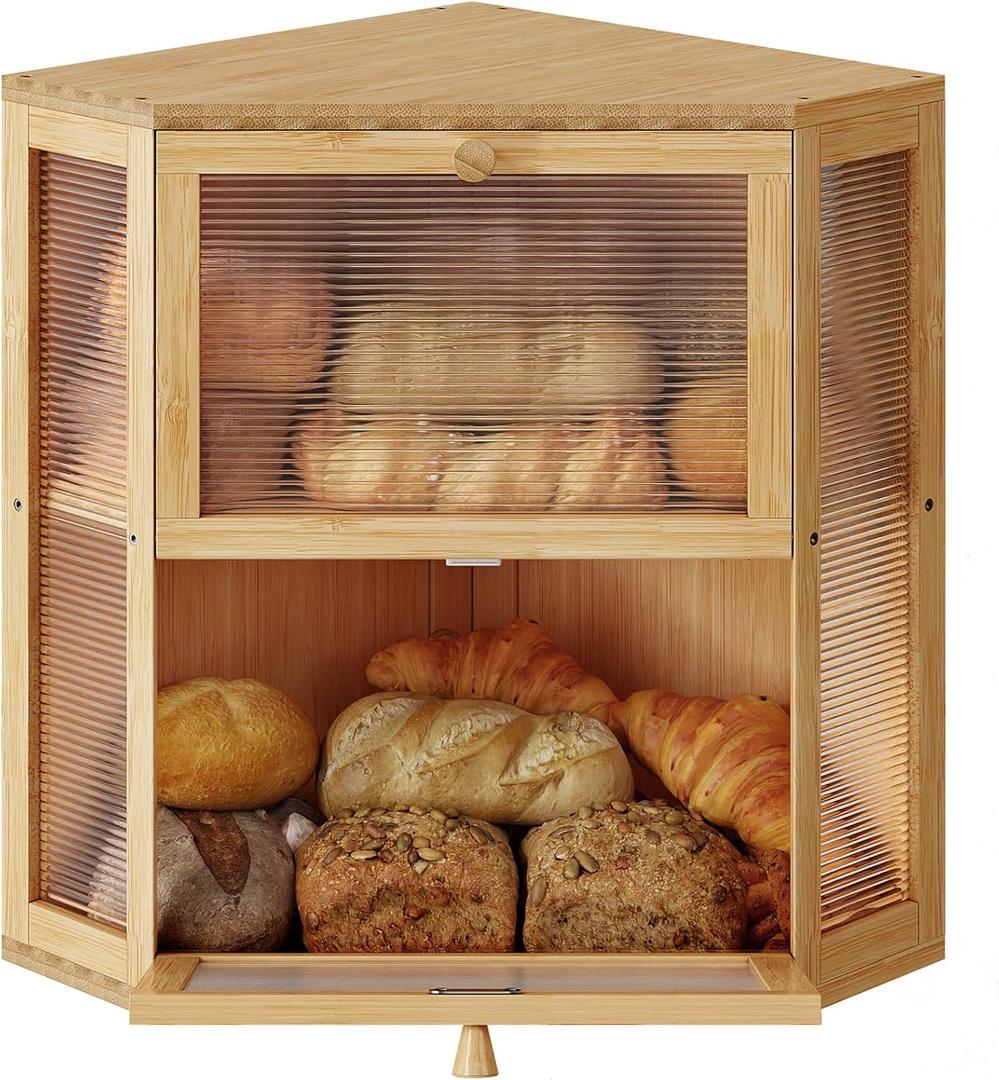 WOWLIVE Corner Bread Box for Kitchen Countertop, Double Layer Bamboo Bread Storage Container, Large Farmhouse Bread box with Acrylic Wavy Door Panel, Under Cabinet Organizer (Natural, Extra Large)