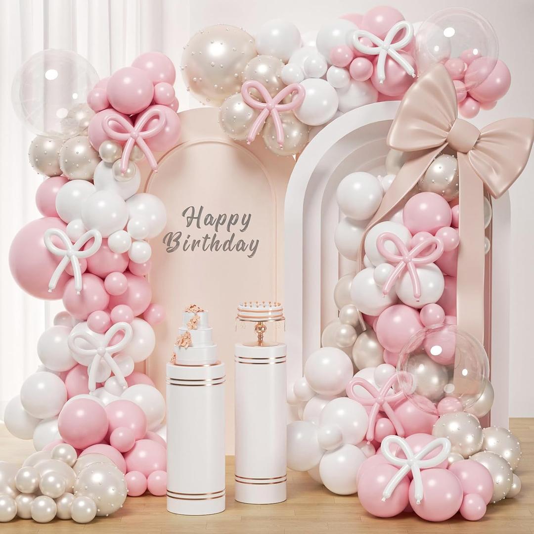 Pink Bow Balloons Arch Kit 147Pcs Coquette Birthday Decorations Pink and White balloon with Double-Stuffed Pearl White Sand Long BOBO Balloon for Girls Baby Shower Coquette Birthday Party Decorations