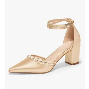 Coutgo Womens Pearl Chunky Heels Wedding Shoes for Bride Closed Pointed Toe Ankle Strap Satin Pumps (8, Champagne Gold)