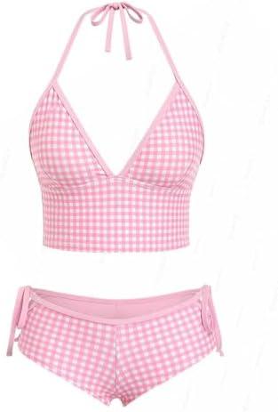 seamoly Women’s Red Gingham Tankini, Two Piece Halter Tank Top with Contrast Trim and Tie Side Boyshorts, Size Small