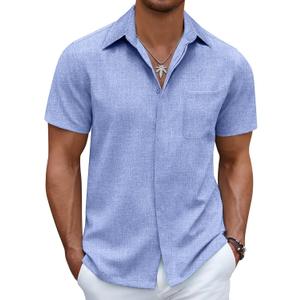 COOFANDY Mens Linen Shirt Casual Short Sleeve Button Down Shirt Summer Beach Vacation Wedding Wear (Medium, Ocean Blue)