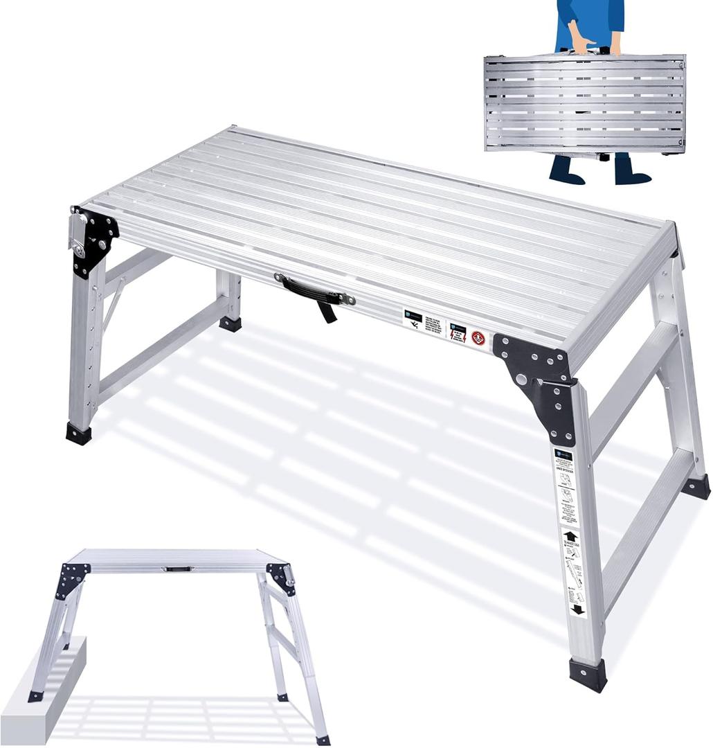 ORIENTOOLS Adjustable Work Platform + Handle, (39.4" X 18.5") Portable Folding Aluminum Step Ladder, Scaffolding of Capacity 330 LBS Heavy Duty, 7 Gear Adjustable Height 24 to 35 inches