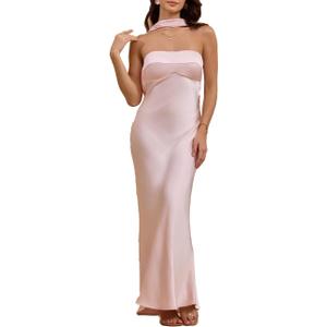 Women's Summer Satin Strapless Tube Top Maxi Dress Elegant Silk Backless Halter Neck Formal Party Dresses Wedding Guest (Pink, XL)