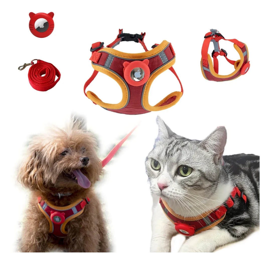 Airtag Cat Harness and Leash Set - Soft Nylon, Adjustable, Escape Proof, Reflective (Red, S)