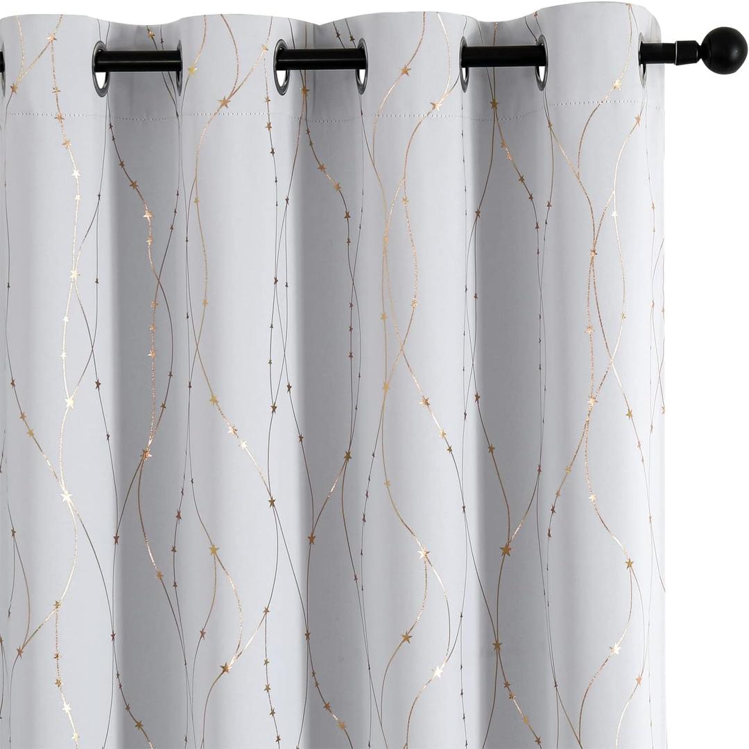 SMILE WEAVER Greyish White Curtains for Bedroom 96 Inch Long 2 Panels,Gold Printed Design Soft Thick Thermal Insulated Light Blocking Room Darkening Window Drapes for Living Room (52"W x 96"L (Pack of 2), Greyish White Gold)