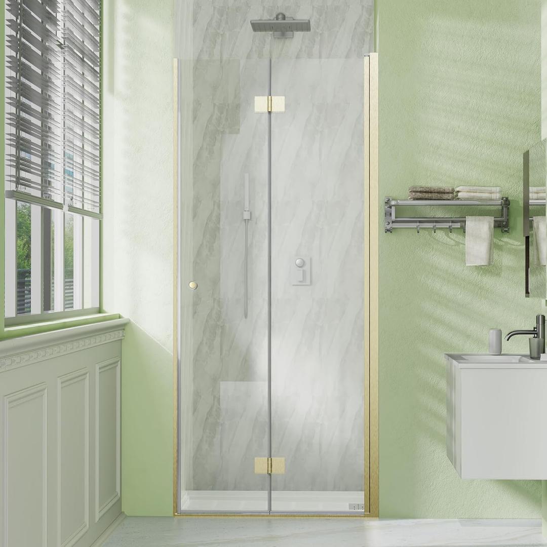 Sunrosa Frameless Bifold Shower Door, 35-2/8" W x 72" H Hinged Folding Shower Door, Glass Shower Door in Brushed Gold, Right Installation