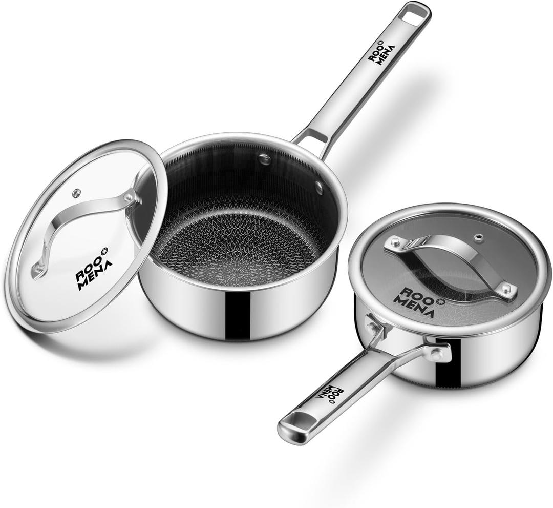 Nonstick Sauce Pan with Lid, Non-Toxic Tri-Ply Hybrid Ceramic Saucepan, 1.5&2.5 Quart Stainless Steel Pans, PFAS/PFOA/PTFE Free, Dishwasher & Oven Safe, Induction Compatible