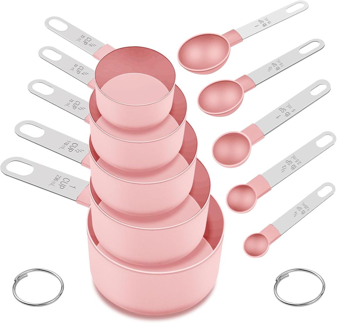 Measuring Cups and Spoons Set, 10 Pieces Nesting Measure Tools, Kitchen Essentials Gadgets with Stainless Steel Handle for Dry & Liquid Ingredient, Pink