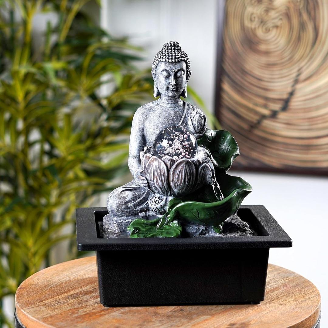Buddha's Lotus Tabletop Indoor Fountain for Home Decor Spiritual Decor for Home Office & Meditation Spaces (Height: 28 Cm) Black 