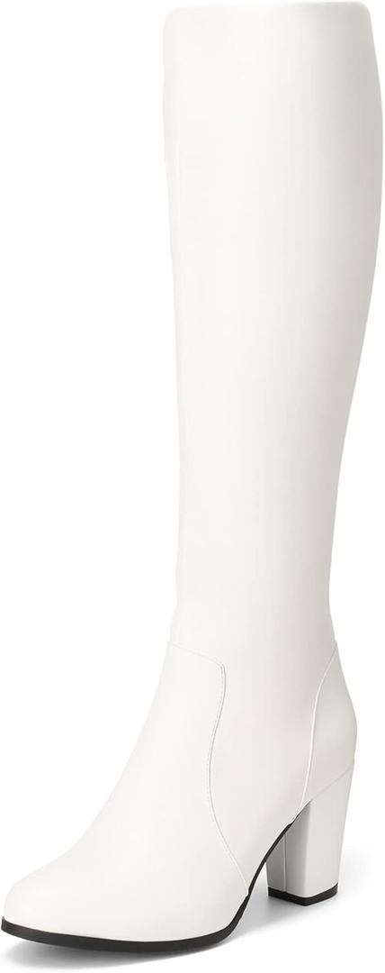 DREAM PAIRS Women's Chunky Heel Knee High Boots (10, White/Pu)