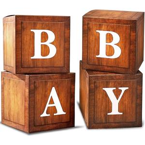 BabyWood Grain Brown Boxes - 4 Pcs Baby Gift Set with Letters, Teddy Bear Theme, Gender Reveal Party Decor