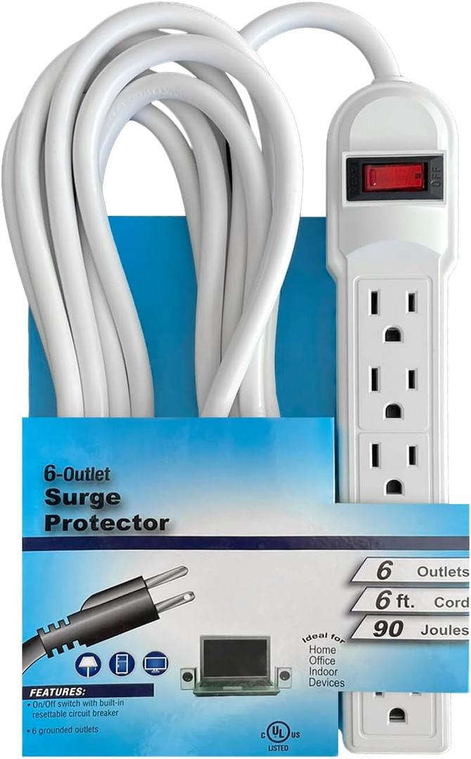 Electriduct 6-Outlet Surge Protector Power Strip 6ft Extension Cord, UL-Listed - White
