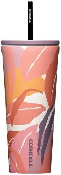 Corkcicle Cold Cup Insulated Tumbler with Straw - Keeps Drinks Cold for 12 Hours - Triple-Insulated Stainless Steel - Leak-Resistant Lid - Summer Drinkware Gift - 24 oz - Tropical Hideaway
