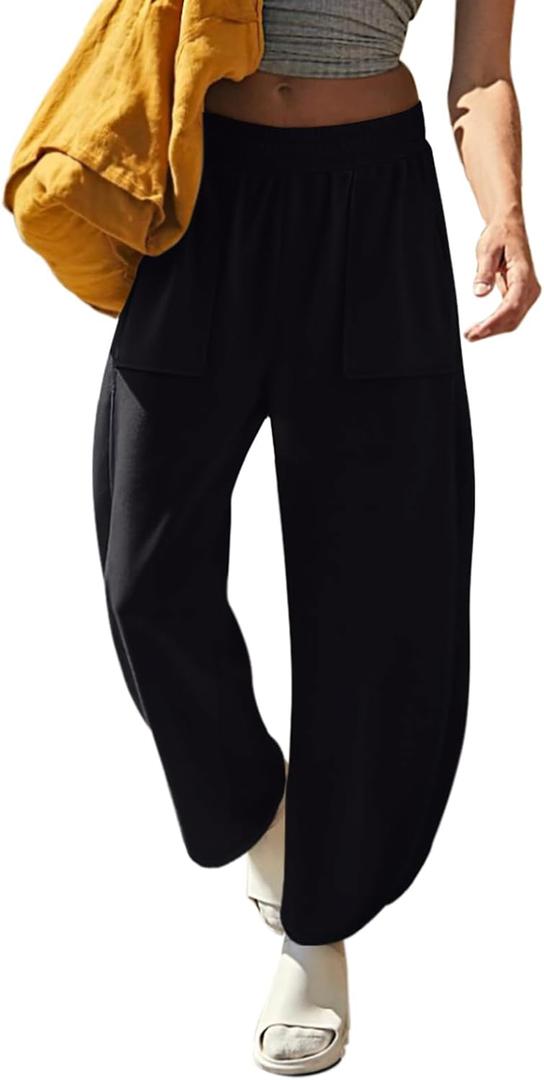 LASLULU Womens Baggy Wide Leg Sweatpants Casual Elastic High Waisted Palazzo Harem Pants with Pockets (Small, Black)