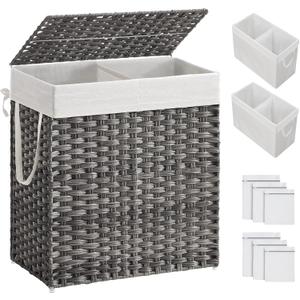 SONGMICS Laundry Hamper with Lid, 110L Clothes Hamper with 2 Removable Liner Bags, 6 Mesh Bags, Wicker Laundry Basket, Double Laundry Hamper for Bathroom, 13 x 22.4 x 23.6 Inches, Gray ULCB52WG
