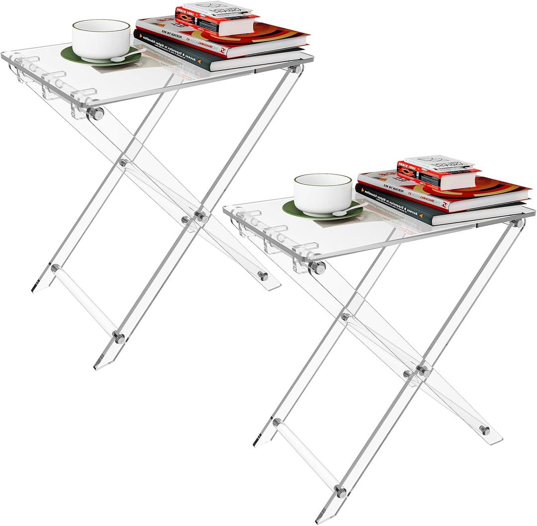Acrylic Folding TV Tray Table - 23" High Acrylic Table, Foldable Desks for Small Spaces, Living Room, Bed Room, TV Dinner Table with Easy Assembly, 2PCS Transparent Rectangle Tray