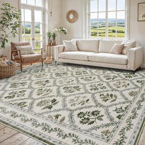 Olive Green Area Rug 8x10 Living Room Area Rugs Vintage Boho Farmhouse Green and Beige Floral Extra Large Floor Covering for Bedroom Non Slip Machine Washable Soft Carpet for Dining Room Office