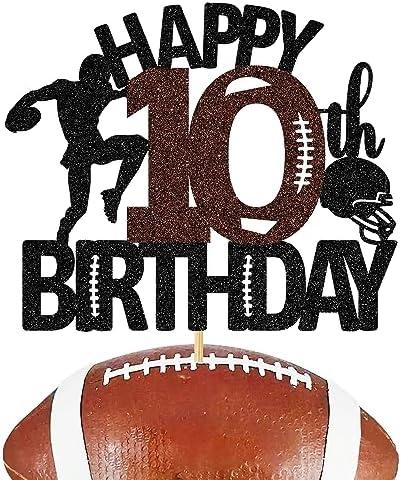 Tivurcia American Football Happy 10th Birthday Cake Topper, Glitter Touchdown Football Sports Theme 10 Years Old Birthday Party Decorations Supplies for Boy
