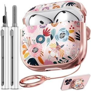 Inesore with Safety Lock for AirPods 4 Case Cover 2024,Floral Cute AirPod 4th Generation Case for Women Girly with Cleaner Kit and Keychain- Pink Berry Flower