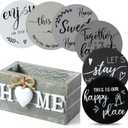 Queekay Coasters Set of 6 House Warming Gifts New Home Wooden Farmhouse Drink Coasters with Holder 4'' Funny Decoration for Kitchen Family Coffee Bar Tabletop Protection(Gray)