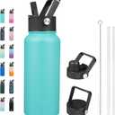 BJPKPK Insulated Water Bottles with Straw Lid, 32oz Metal Large Water Bottle with 3 Lids, Reusable Leak Proof BPA Free Thermo, Stainless Steel Tumblers for Sports, Gym, Travel-Turquoise