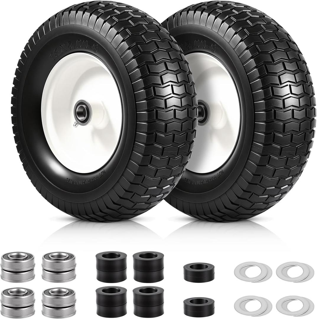 2 Pack 13x5.00-6 Flat Free Tire and Wheel Assemblies, 13x5x6 Solid Rubber Lawn Mower Tires for Riding Lawn Mower Tires and Wheel with 3/4" & 5/8" Bearings and 3" Centered Hub