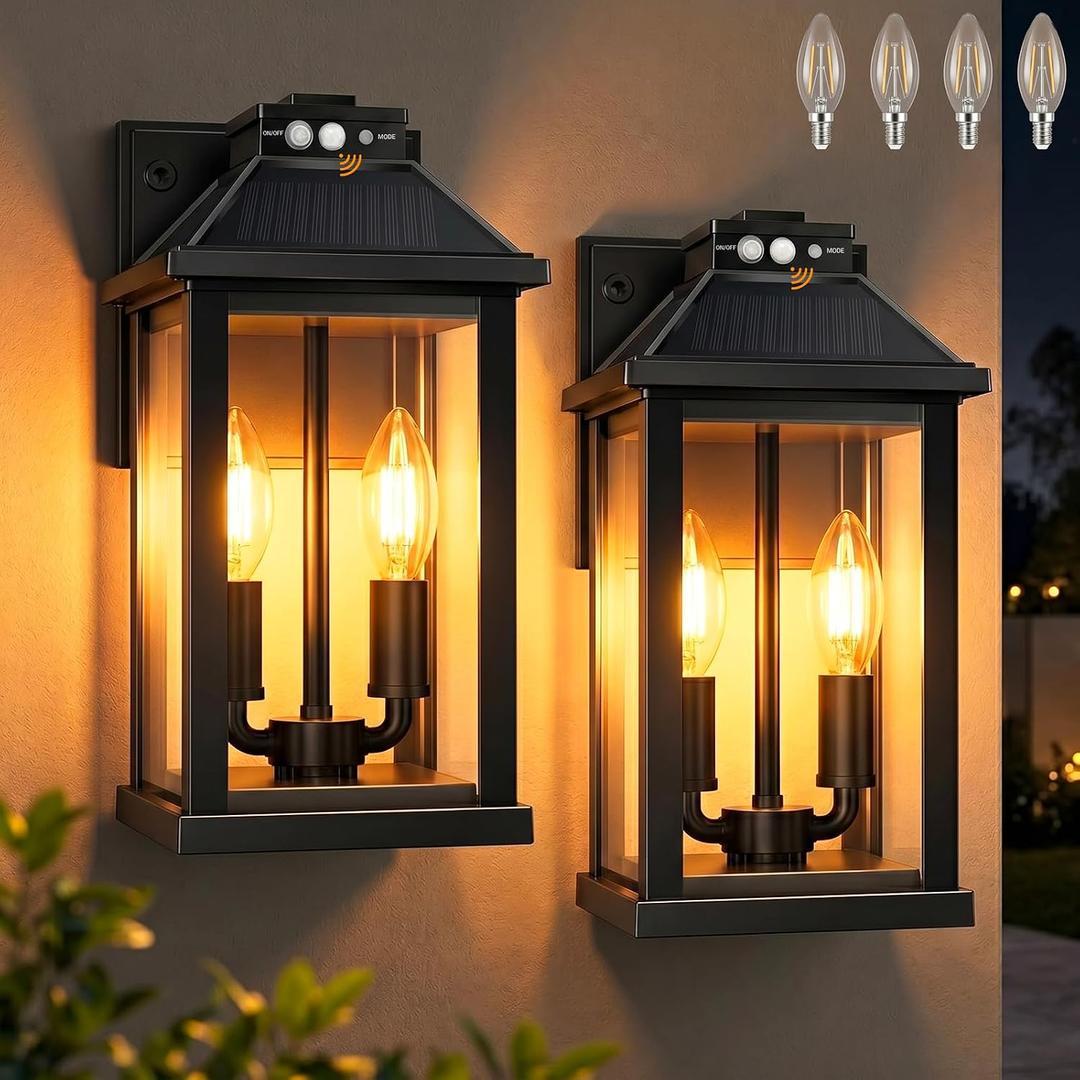 ropelux Solar Lights Outdoor Waterproof, 3 Modes Porch Lights, Motion Sensor Outside Light for House, Outdoor Wall Lights Lantern, Exterior Lighting Fixtures for Garden Patio Fence Yard Garage, 2Pack