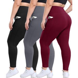 3 Pack Plus Size Leggings with Pockets for Women - High Waisted Tummy Control Spandex Soft Black Workout Yoga Pants (Black/Dark Grey/Wine), 3X-Large