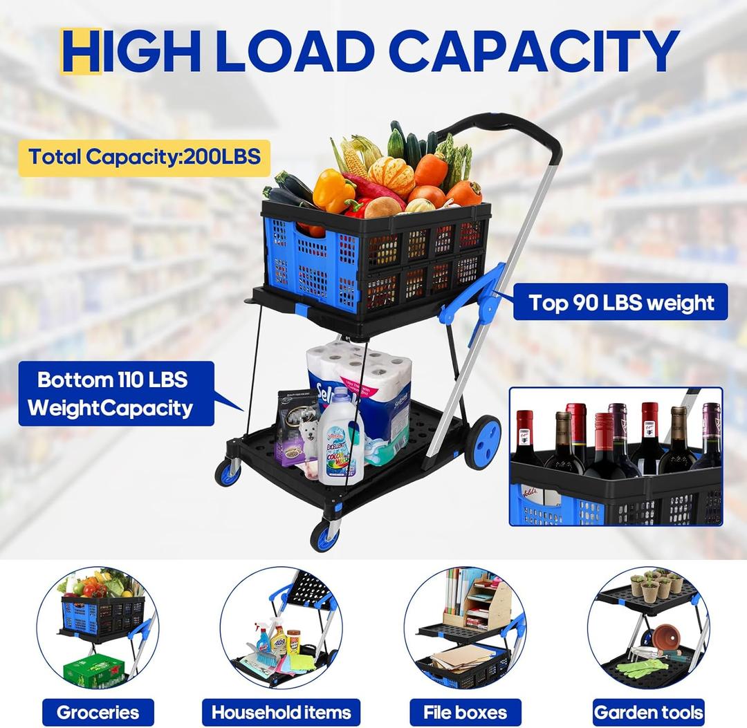 Multifunctional Folding Cart with Wheels,Two Layers Collapsible Utility Cart for Groceries,Office,Warehouse,Supermarket, Double Layer Foldable Shopping Cart(Blue),Collapsible Handcart Heavy Duty