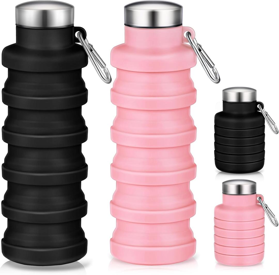 Baderke 2 Pcs Collapsible Water Bottles 17oz Silicone Travel Foldable Portable Water Bottle with Buckle Silicone Lightweight Reusable Leakproof for Camping Hiking Cycling Sport(Pink, Black)