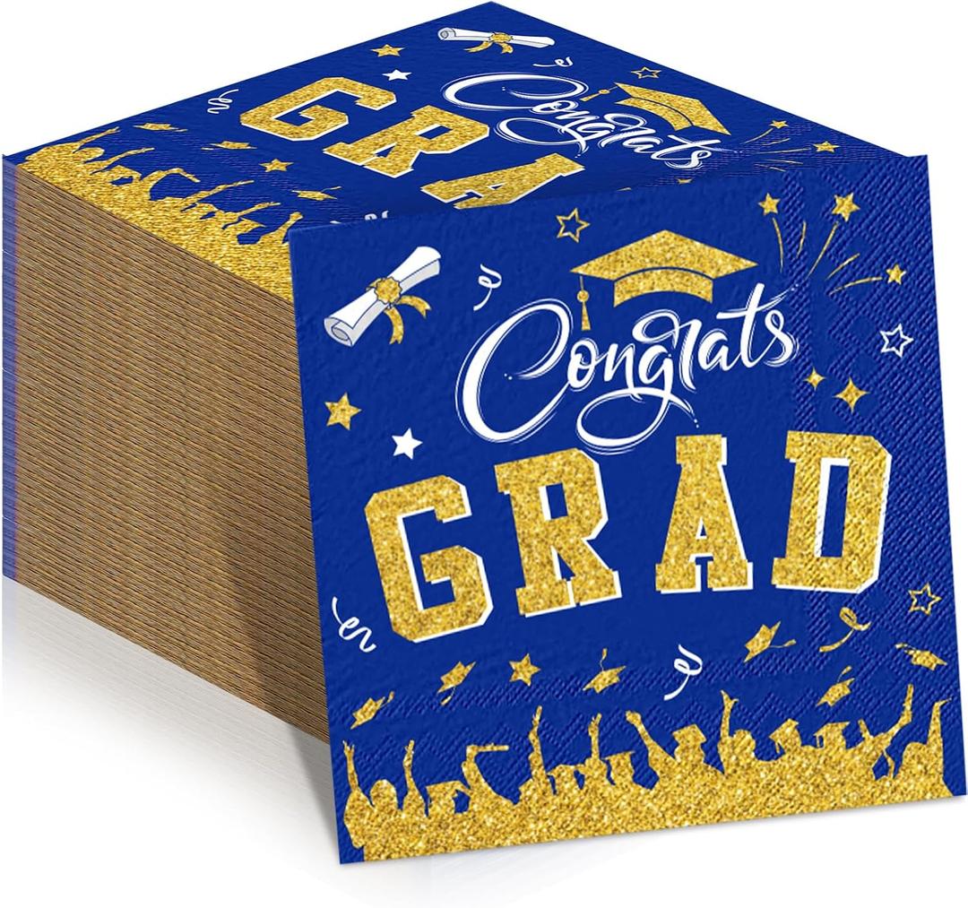 Supervitae 100 Pcs Graduation Napkins Class of 2026 Disposable Graduation Cocktail Napkin Congrats Grad Square Paper Tissues for 2026 High School University College Party Supplies(Blue,Grad)