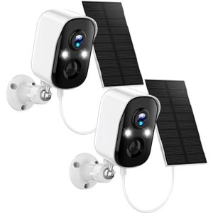 Solar Security Cameras Wireless Outdoor,2K Solar Camera Wireless for Home, 2.4GHz WiFi,Color Night Vision,Two-Way Talk,IP66 Waterproof,Two Spotlights,Cloud/SD (2 Packs,White)