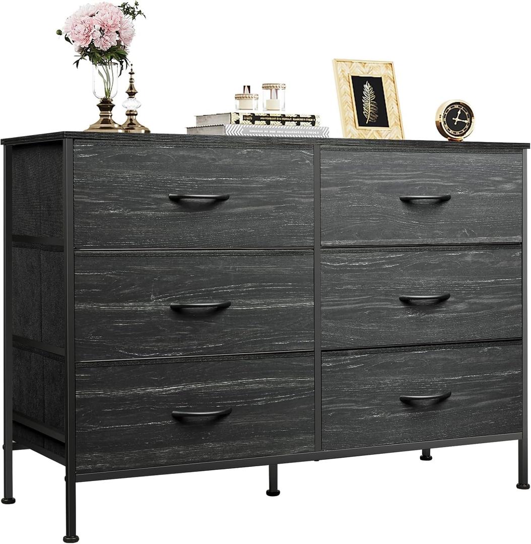 WLIVE Dresser for Bedroom with 6 Drawers, Dresser TV Stand for 50 Inches TV with Metal Frame, Wooden Top, Chest of Drawers, Dresser for Living Room, Hallway, Charcoal Black Wood Grain Print