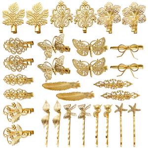 inSowni 30 Pack/15 Pairs Gold Metal Alligator Hair Clips Barrettes Bobby Pins Leaf Flower Butterfly Decorative Accessories for Women Girls