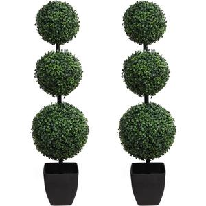 momoplant Artificial Topiaries Ball Tree Outdoor, 3.3ft Fake Topiary Triple Ball Boxwood Trees(2 Pieces), Faux Shrubs Plants Potted Green Decorative Indoor Porch or Garden40inch