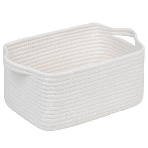 CubesLand Woven Cotton Rope Basket for Laundry, Book, Nursery, Clothes, Shoes, Toys Organizing and Bedroom Home&Living Room Decor, with Durable Handle, Rectangular 14x10x7.08IN White