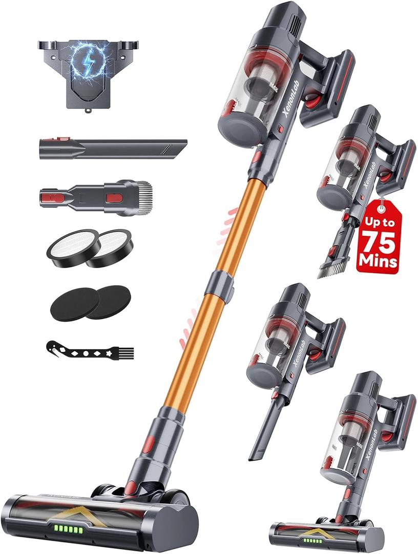 Cordless Vacuum Cleaner, Freestanding Vacuum Cleaners for Home, with Anti-Static&Anti-Tangle Brush, LED Touch Screen, Stick Vacuum for Carpets
