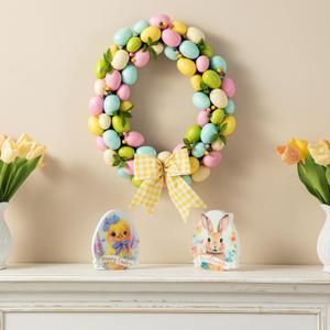 Glitzhome 18" H Easter Wreath with Artificial Easter Eggs Berries for Front Door Wall Decor, Spring Easter Egg Shaped Garland with Colored Eggs Bow Knot Holiday Decoration