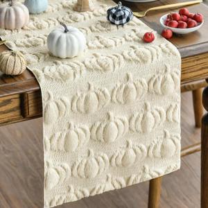 Fall Table Runner, Off White Pumpkins 3D Faux Fur Table Runners, Soft Thanksgiving Halloween Table Decor for Indoor Outdoor, Autumn Home Party Decor, 13*37 Inch