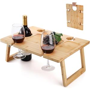 Peohud Portable Wine Picnic Table, Foldable Champagne Picnic Snack Table Tray, Wooden Outdoor Picnic Table with Glass Holder for Park, Beach, Camping, Bed, Wine Lover Gift