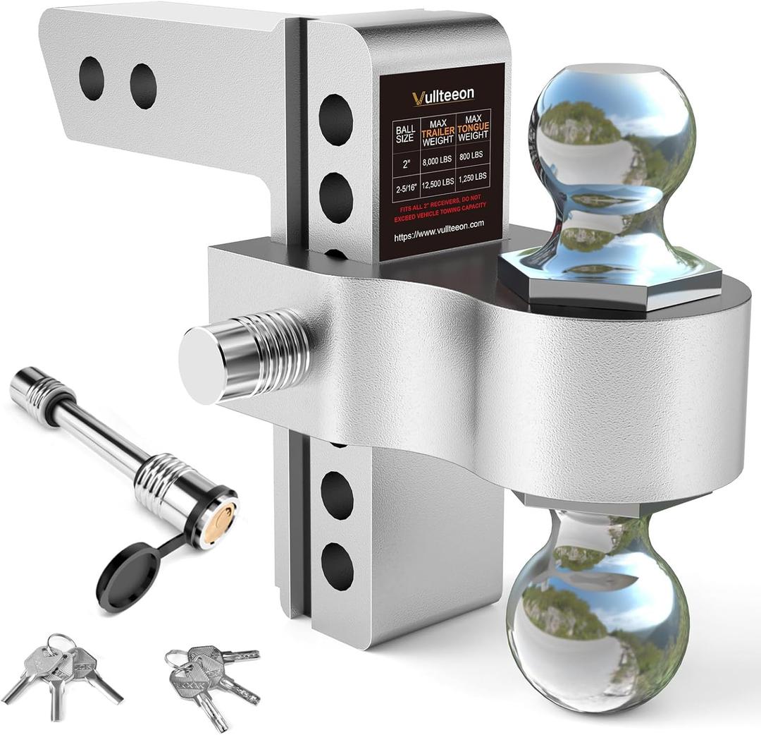 Adjustable Trailer Hitch, Drop Hitch for 2 Inch Receiver,Vullteeon 6 Inch Ball Mount (2" & 2-5/16") 12,500 LBS GTW, Chrome Plated Steels Balls, Aluminum Tow Hitch with Two Anti-Theft Pins Locks