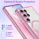 Designed for Samsung S25 Ultra Case Magnetic Glitter with Wrist Strip Compatible with MagSafe, Luxury Plating Heart Shockproof Protection Phone Case Clear Cover for Women Girls - Pink