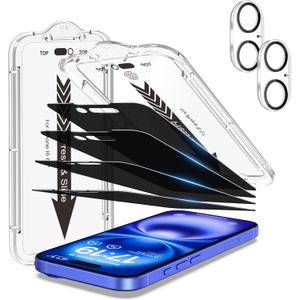 EZ-GLAZ- 4 Pack for iPhone 16 Privacy Screen Protector [6.1"] With 2 Pack Camera Lens Protector, 9H+ Hardness 12FT Military Grade Shatterproof Scratch Resistant Durable Tempered Glass Film with Flawless Fit Kit