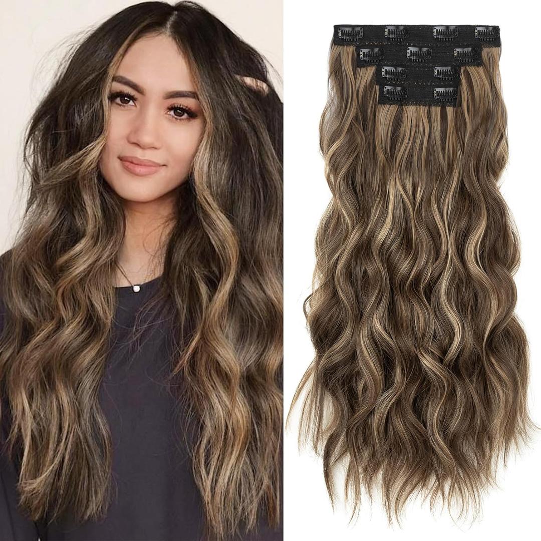 REECHO Hair Extensions, 4PCS Clip in Hair Extensions 24" Thick Long Brown hair extensions HE003 Invisible Lace Weft Natural Soft Synthetic Hairpieces for Women  Chocolate Brown with Blonde Highlights