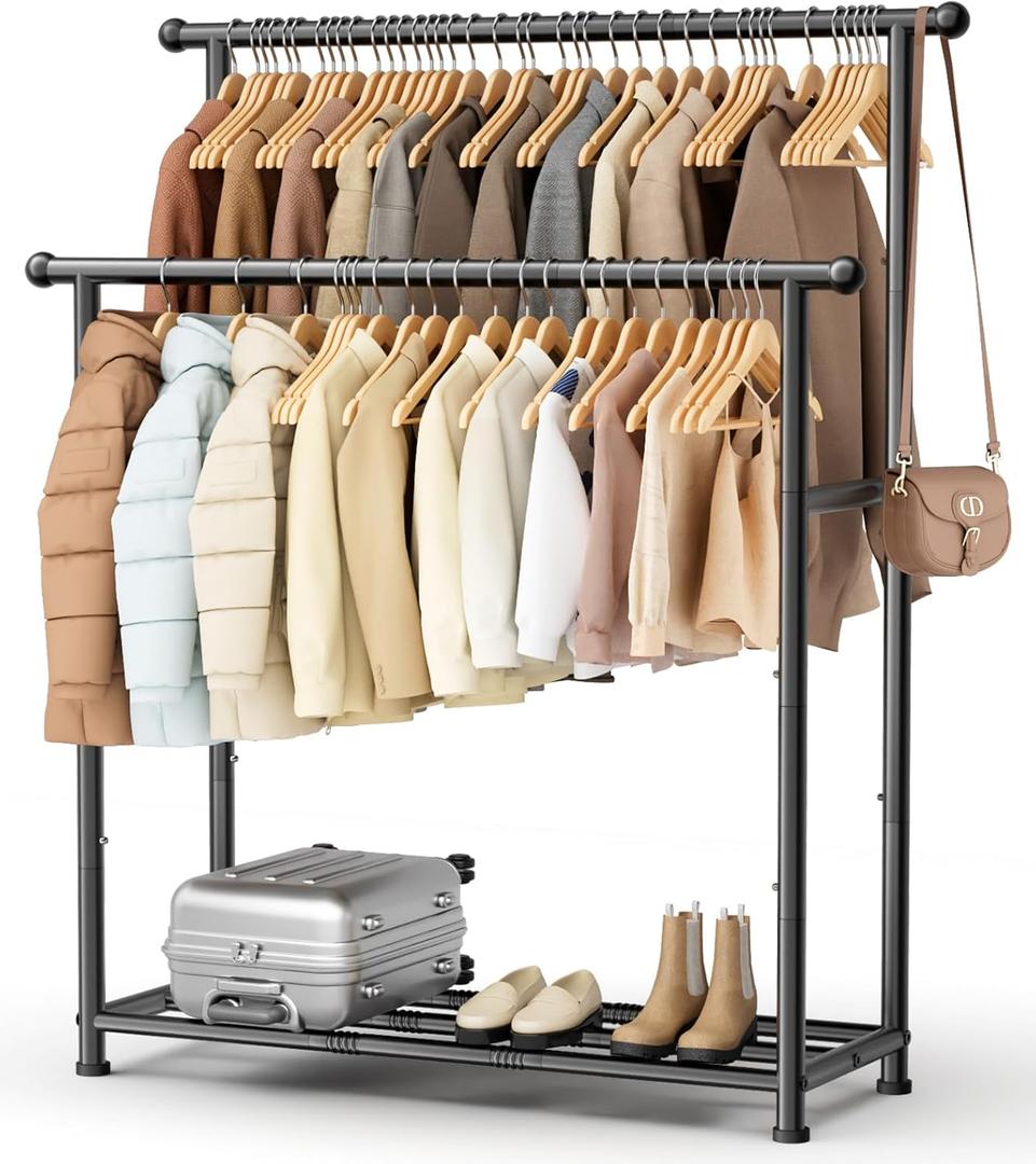 MISSLO Double Rods Garment Rack Heavy Duty Clothing Rack for Hanging Clothes Portable Clothes Organizer for Bedroom, Living Room, Clothing Store (Matte Black)