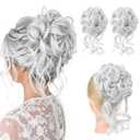 HOOJIH Messy Bun Hair Piece,2PCS Tousled Updo with Tendrils Hair Bun Extensions Wavy Curly Ponytail Hairpieces for Women - Silver Gray